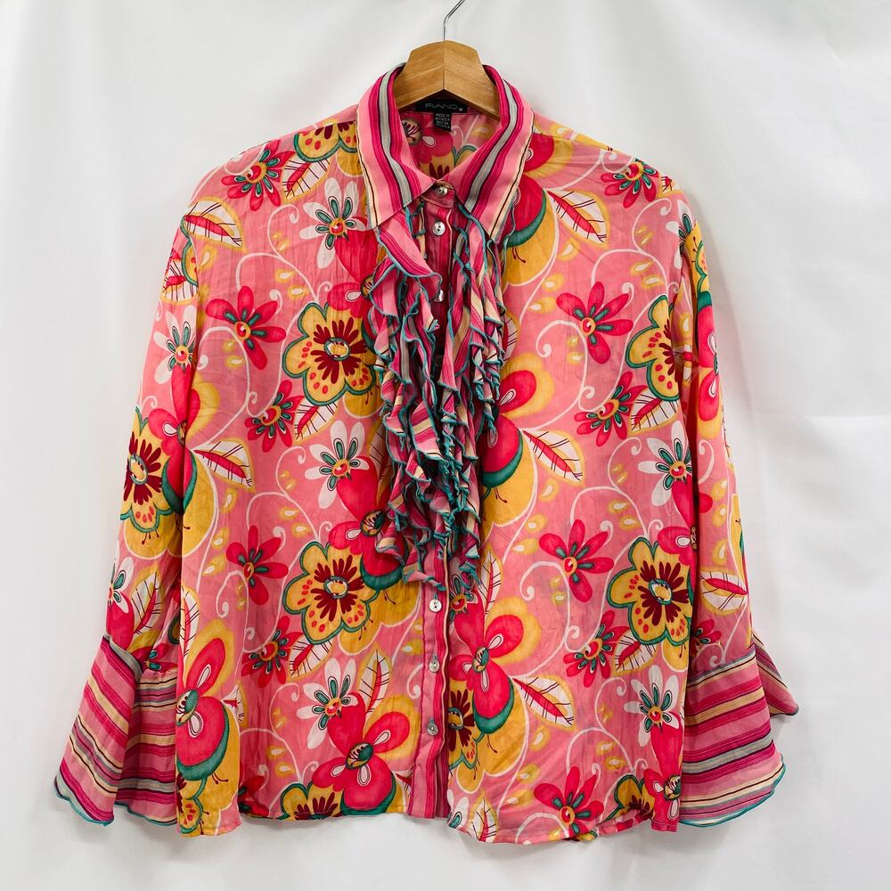 pink ruffle floral Y2K‎ button down blouse